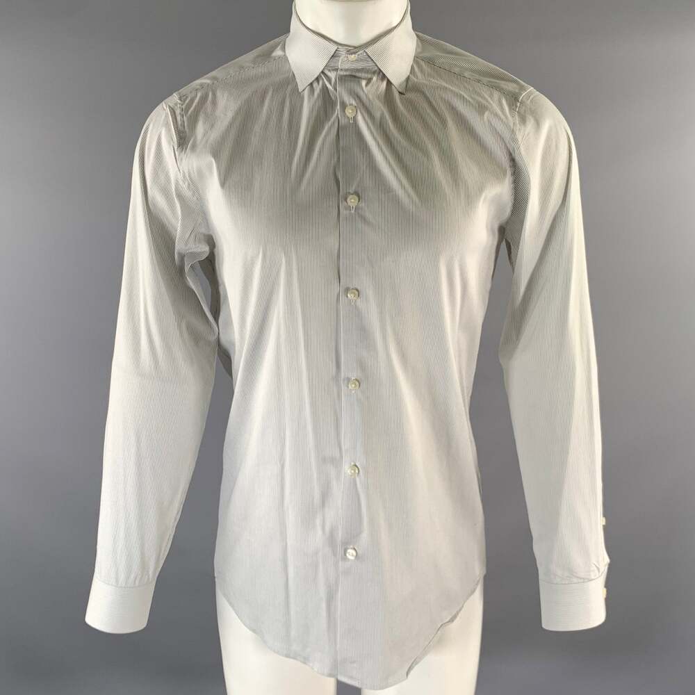 THEORY Size S White Grey Pinstripe Cotton Blend Spread Collar Long Sleeve Shirt